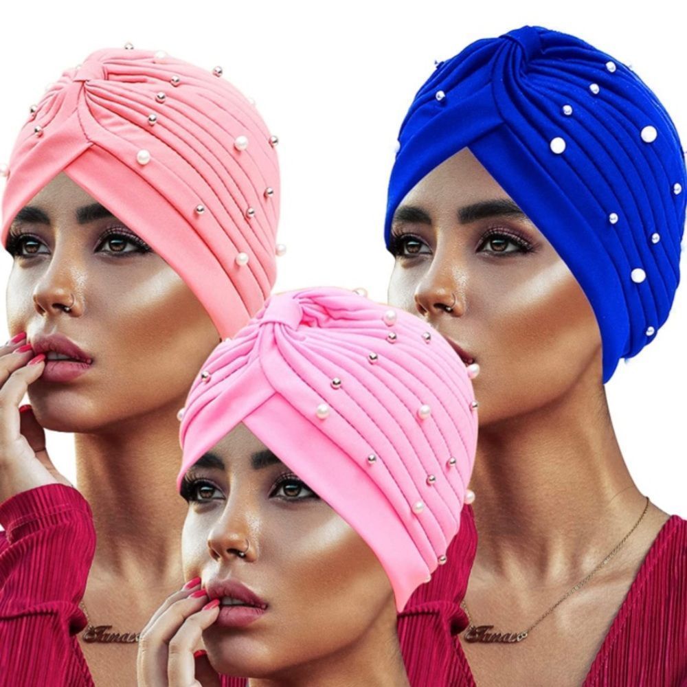 3 Pieces Women Turbans Cap Pre Tied Knot Headwrap Faux Pearl​​